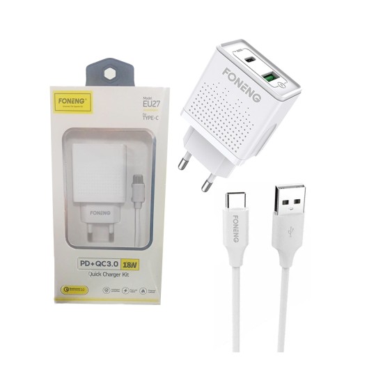 Foneng Fast Charger EU27 with Type C Cable Dual USB 18W White